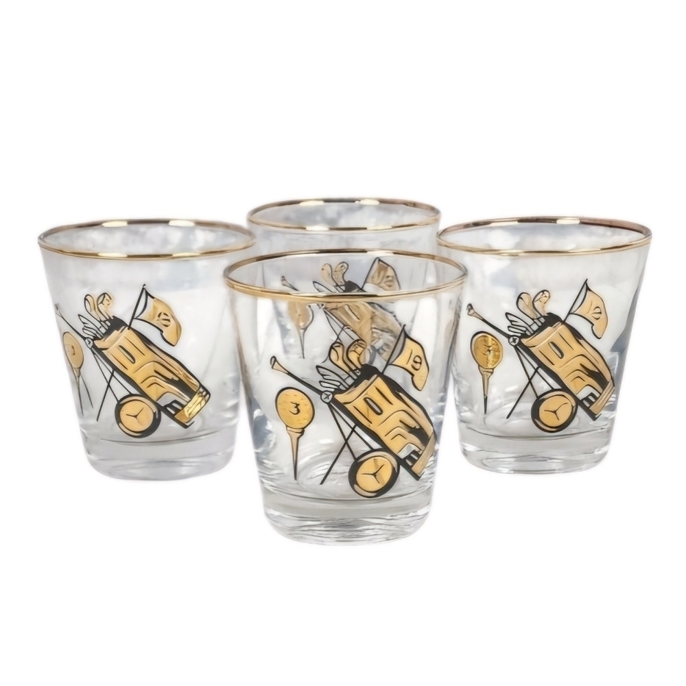 Vintage 60s Dominion Barware 19th Hole Golf Highball Glasses Set of 4 Gold  Gild
